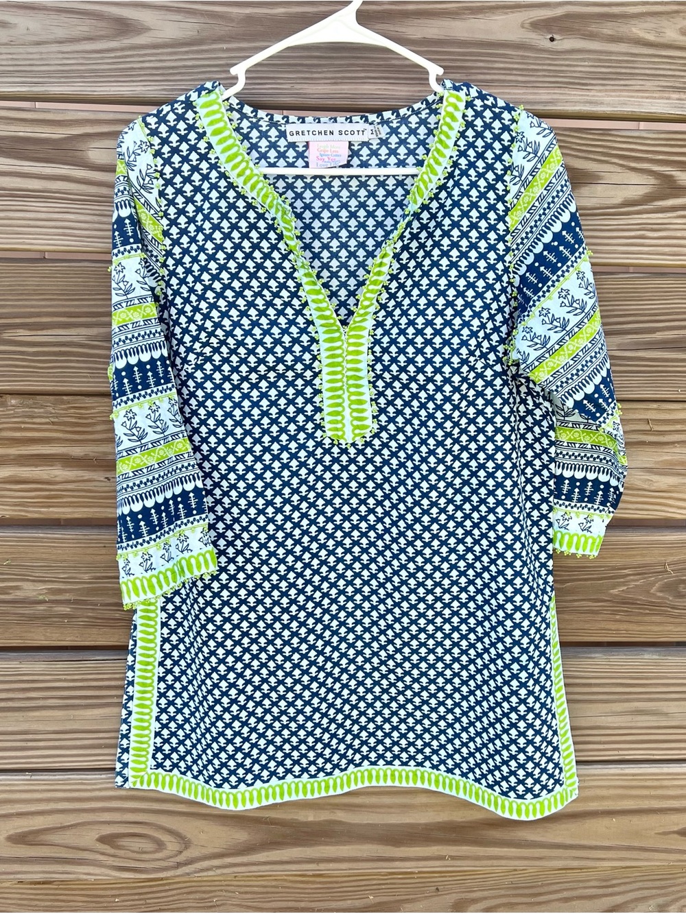Gretchen Scott Designs Navy Green Printed Tunic Dress 100% Cotton Women’s SZ M